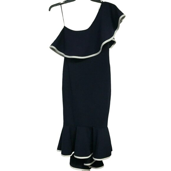 Quiz Nautical One Shoulder Large Collar Mermaid Hem Navy & White Dress Sz 6 NEW - Picture 3 of 8
